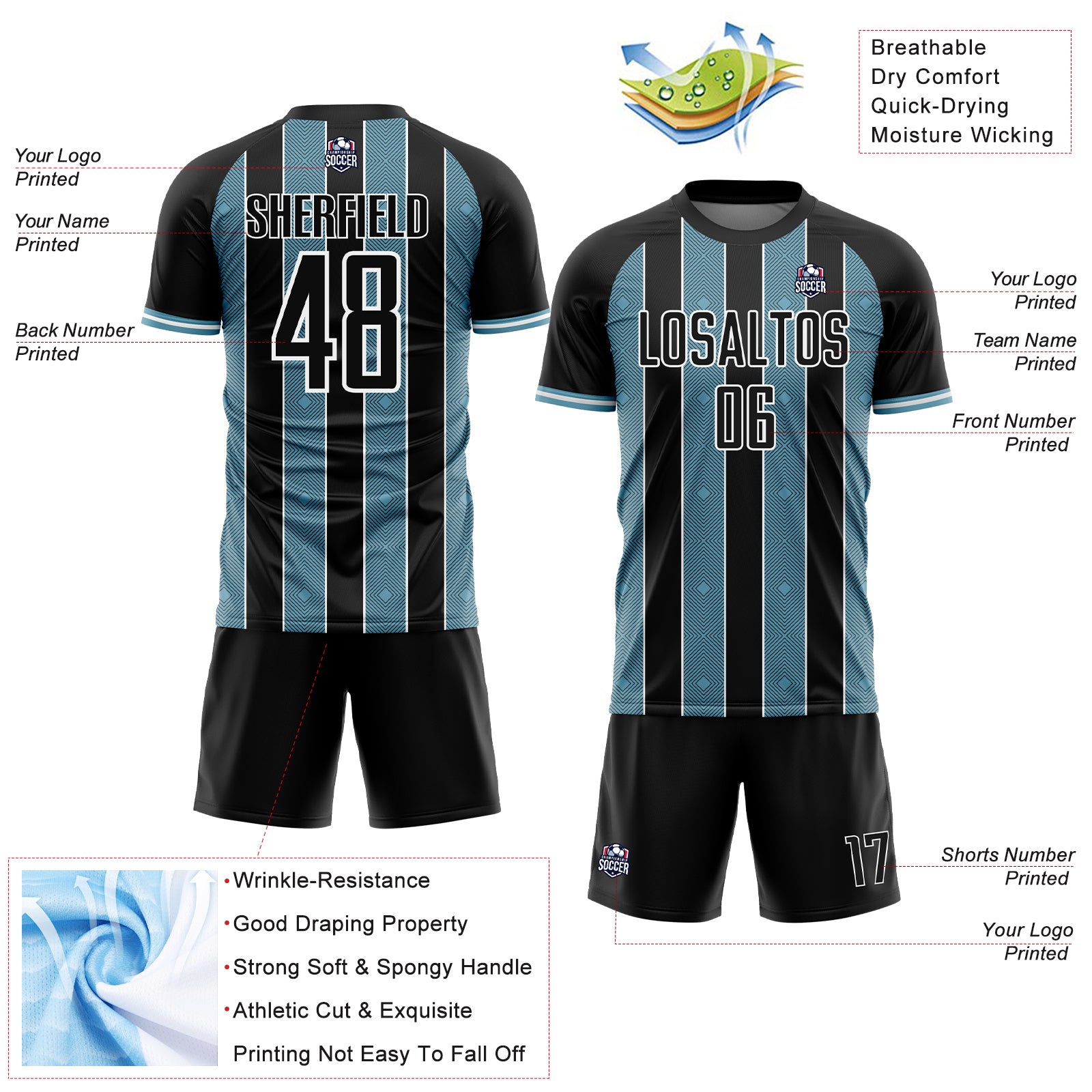 Custom Black Shadow Blue-White Pinstripe Line Sports Sublimation Soccer Uniform Jersey