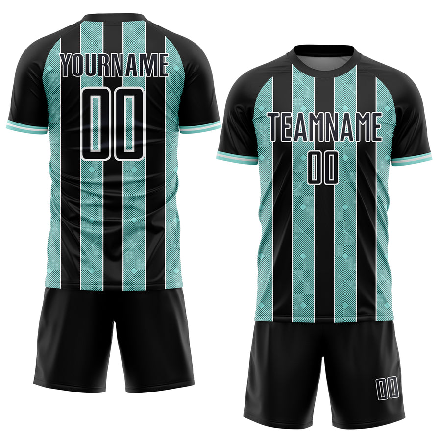 Custom Black Ice Blue-White Pinstripe Line Sports Sublimation Soccer Uniform Jersey