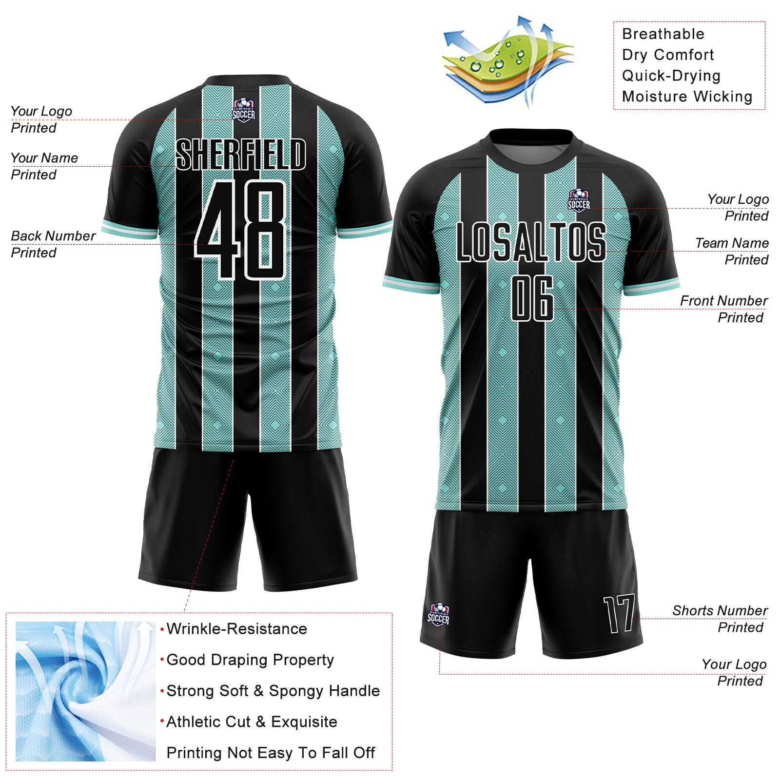 Custom Black Ice Blue-White Pinstripe Line Sports Sublimation Soccer Uniform Jersey