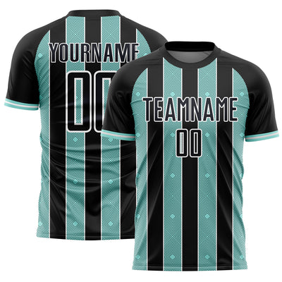 Custom Black Ice Blue-White Pinstripe Line Sports Sublimation Soccer Uniform Jersey