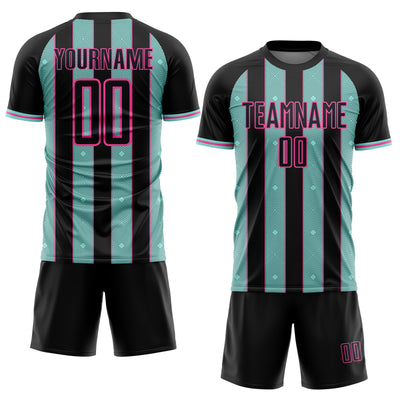 Custom Black Ice Blue-Pink Pinstripe Line Sports Sublimation Soccer Uniform Jersey