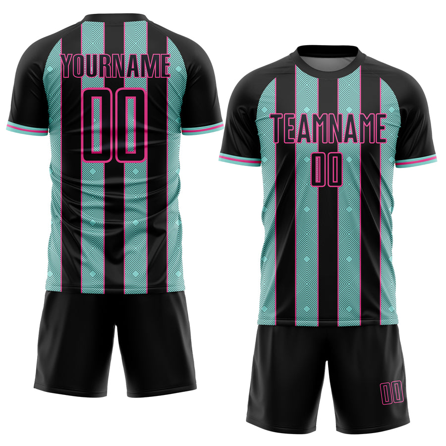Custom Black Ice Blue-Pink Pinstripe Line Sports Sublimation Soccer Uniform Jersey