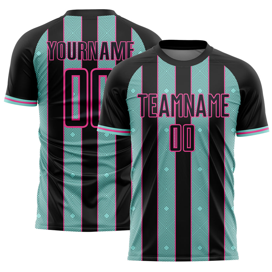 Custom Black Ice Blue-Pink Pinstripe Line Sports Sublimation Soccer Uniform Jersey