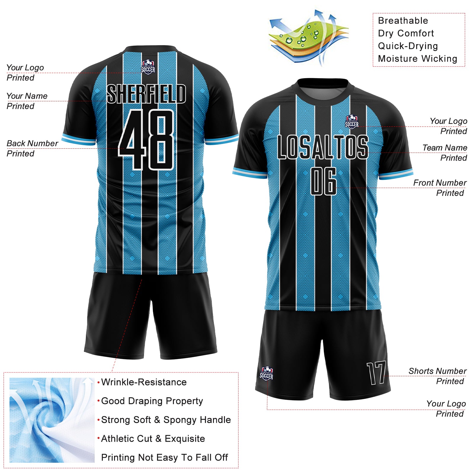 Custom Black Sky Blue-White Pinstripe Line Sports Sublimation Soccer Uniform Jersey