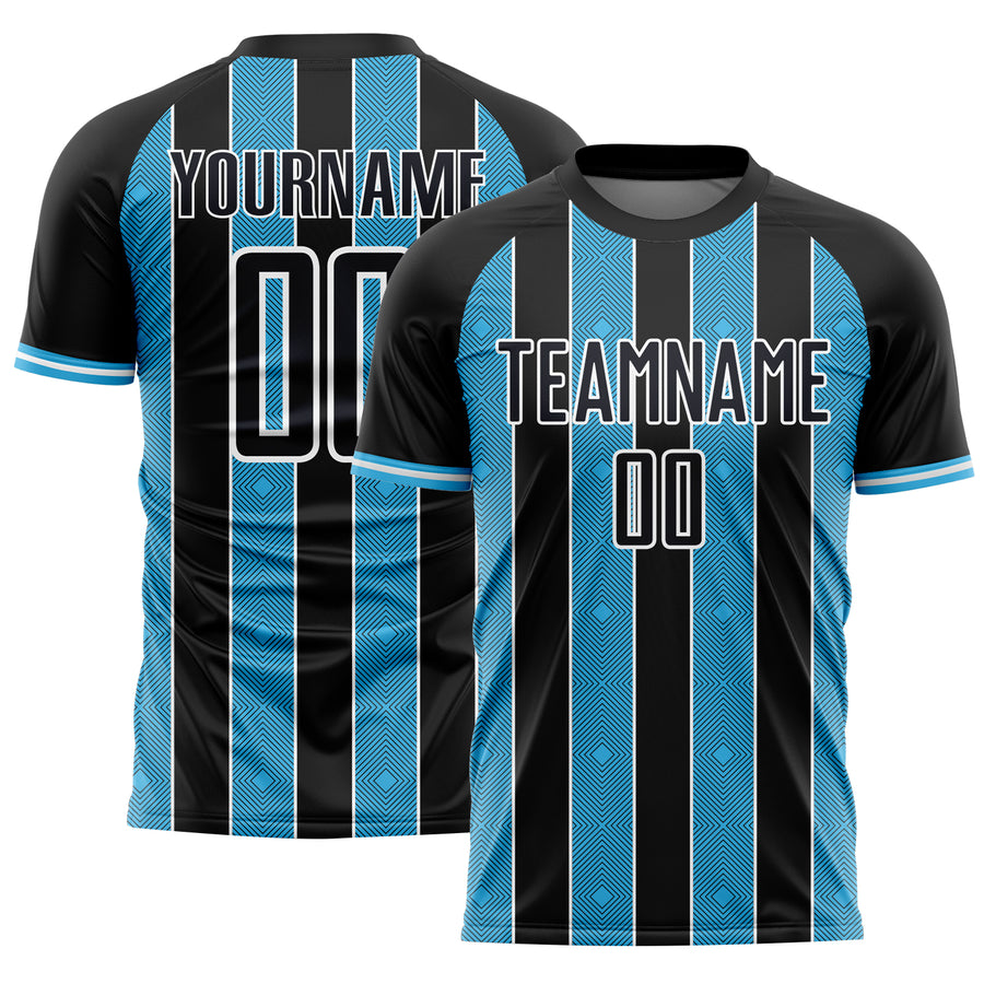 Custom Black Sky Blue-White Pinstripe Line Sports Sublimation Soccer Uniform Jersey