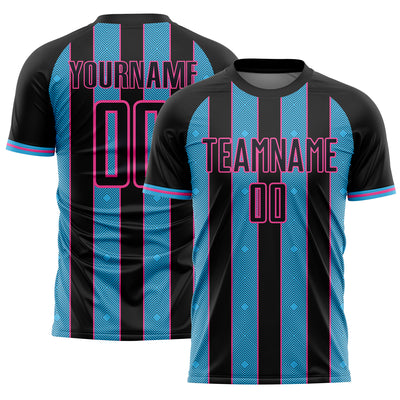 Custom Black Sky Blue-Pink Pinstripe Line Sports Sublimation Soccer Uniform Jersey