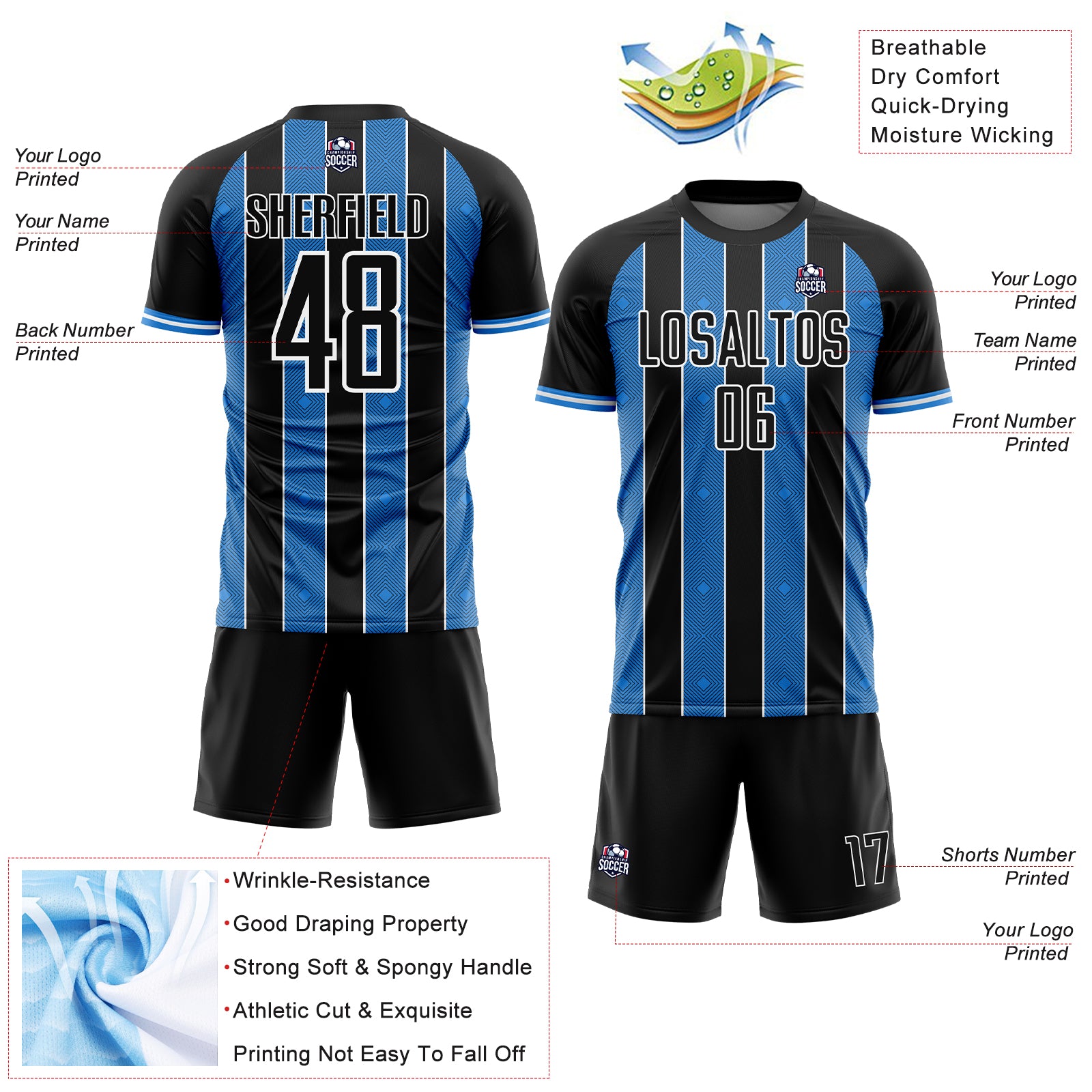 Custom Black Powder Blue-White Pinstripe Line Sports Sublimation Soccer Uniform Jersey