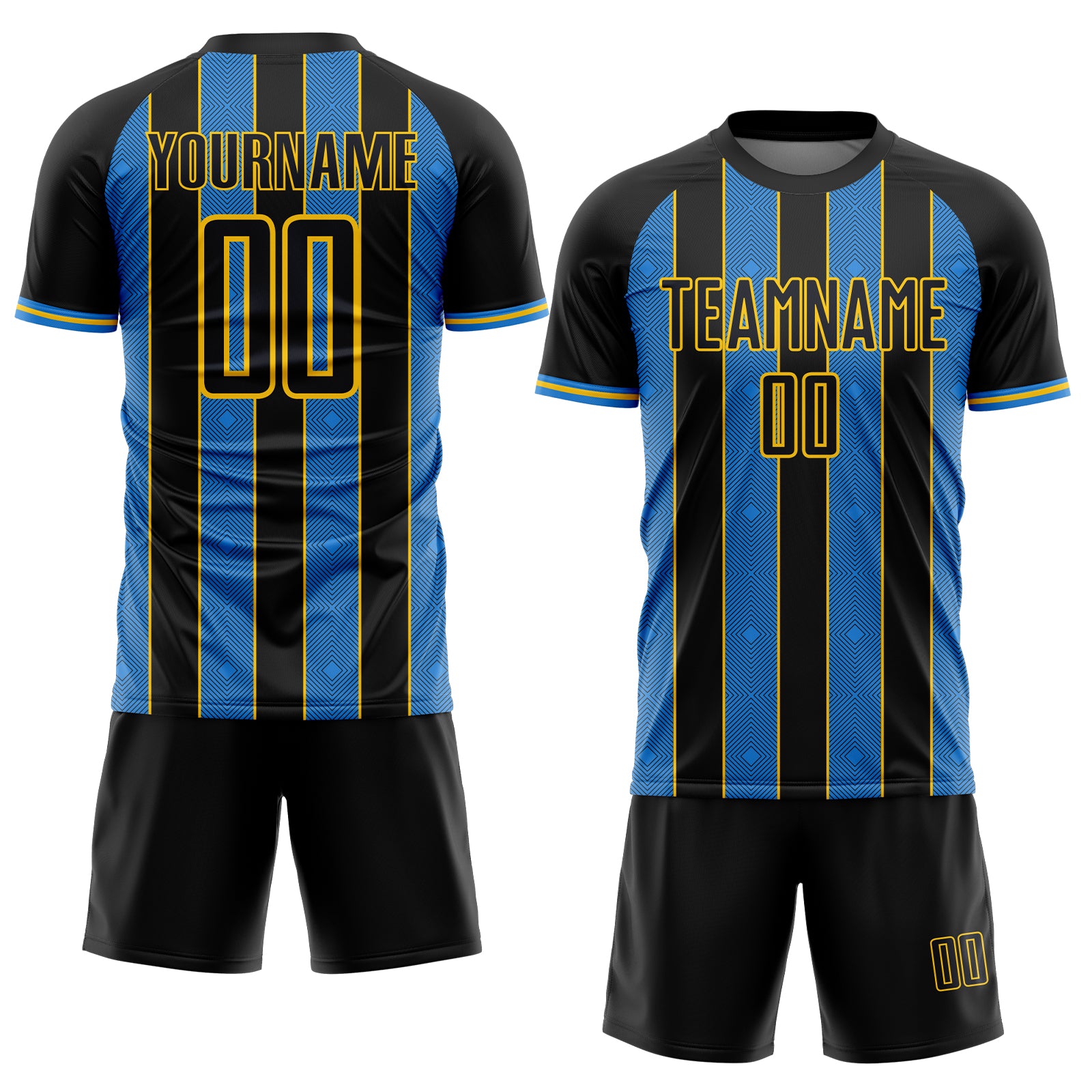 Custom Black Powder Blue-Yellow Pinstripe Line Sports Sublimation Soccer Uniform Jersey