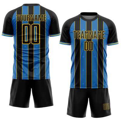Custom Black Powder Blue-Yellow Pinstripe Line Sports Sublimation Soccer Uniform Jersey