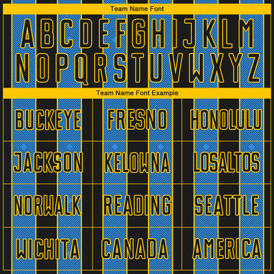Custom Black Powder Blue-Yellow Pinstripe Line Sports Sublimation Soccer Uniform Jersey