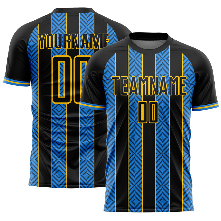 Custom Black Powder Blue-Yellow Pinstripe Line Sports Sublimation Soccer Uniform Jersey