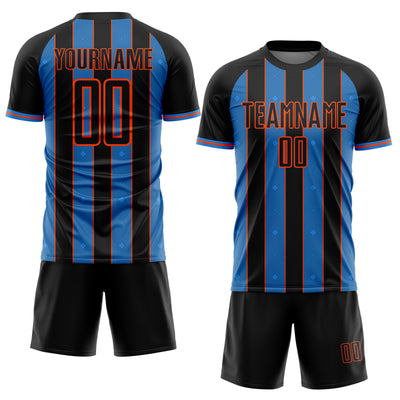 Custom Black Powder Blue-Orange Pinstripe Line Sports Sublimation Soccer Uniform Jersey