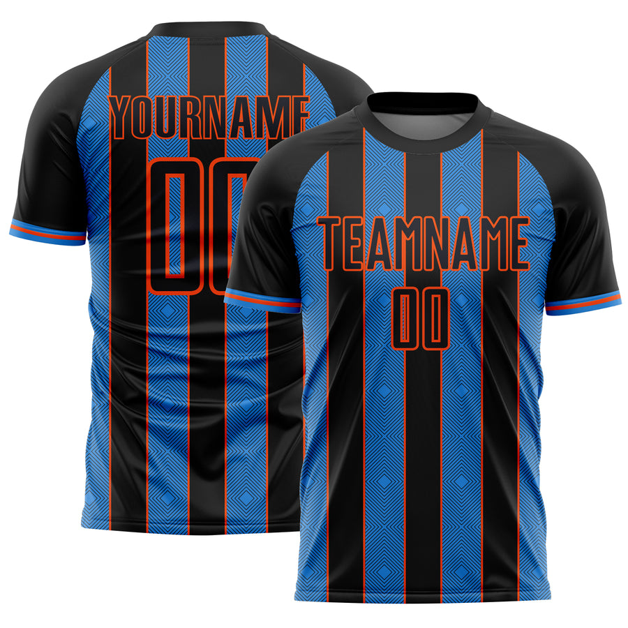 Custom Black Powder Blue-Orange Pinstripe Line Sports Sublimation Soccer Uniform Jersey