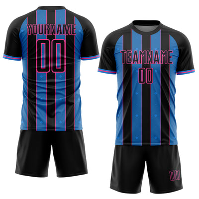 Custom Black Powder Blue-Pink Pinstripe Line Sports Sublimation Soccer Uniform Jersey