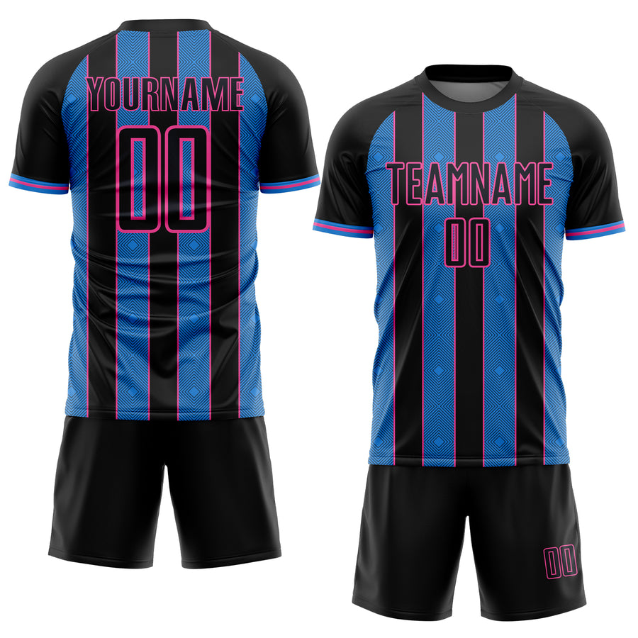 Custom Black Powder Blue-Pink Pinstripe Line Sports Sublimation Soccer Uniform Jersey