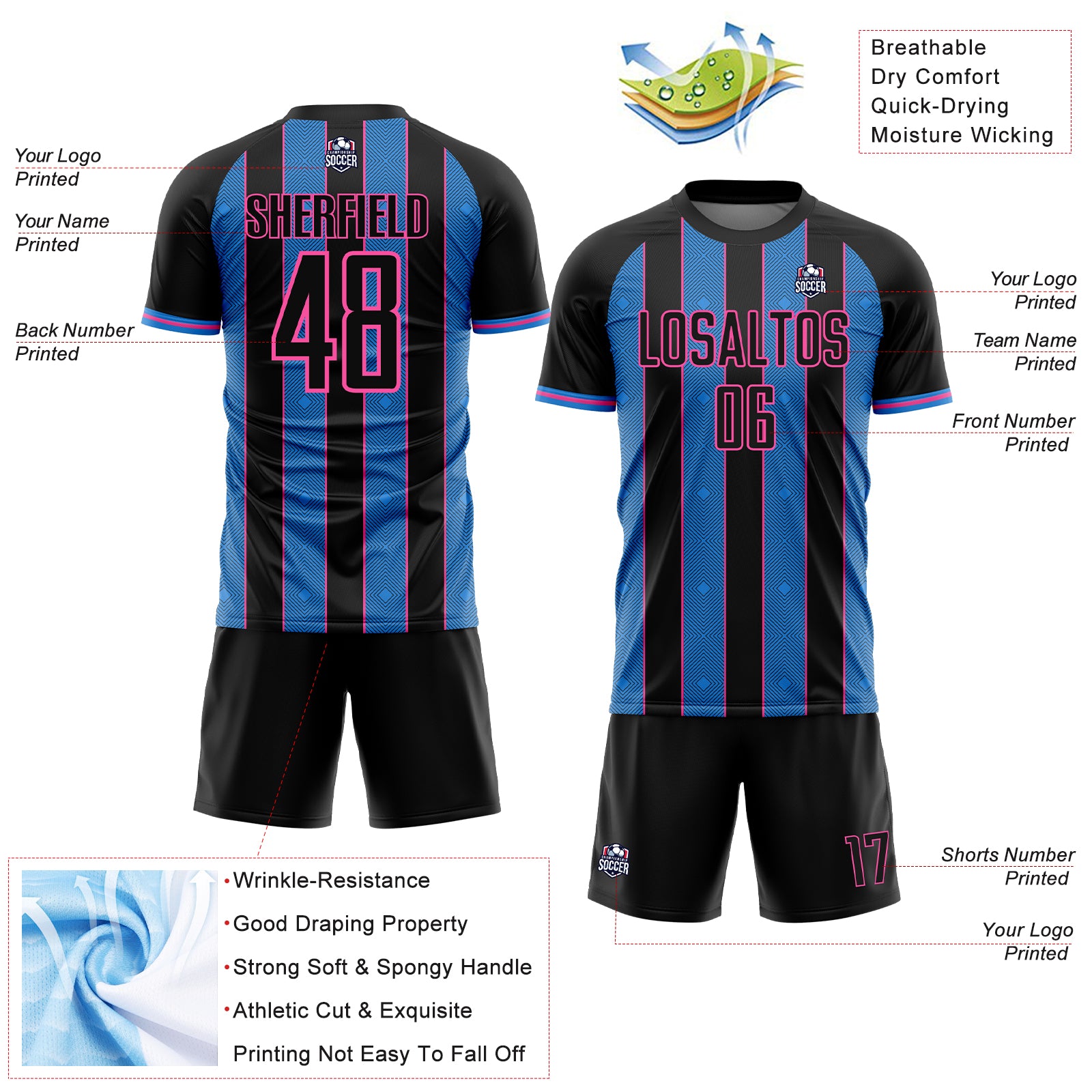 Custom Black Powder Blue-Pink Pinstripe Line Sports Sublimation Soccer Uniform Jersey