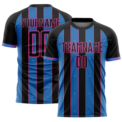 Custom Black Powder Blue-Pink Pinstripe Line Sports Sublimation Soccer Uniform Jersey