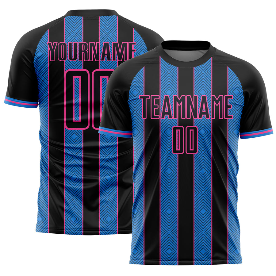 Custom Black Powder Blue-Pink Pinstripe Line Sports Sublimation Soccer Uniform Jersey
