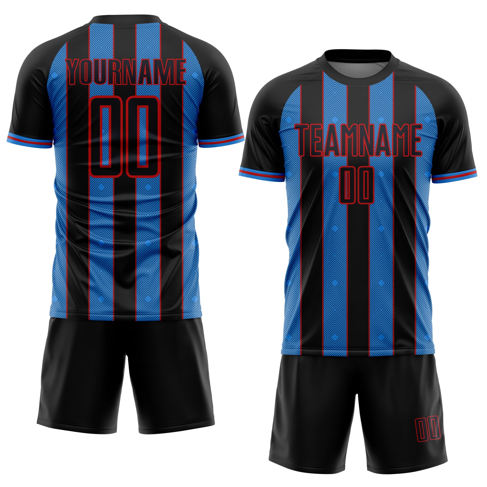 Custom Black Powder Blue-Red Pinstripe Line Sports Sublimation Soccer Uniform Jersey