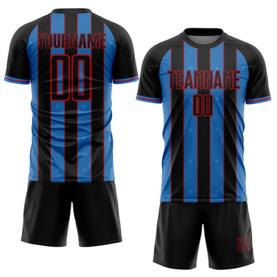 Custom Black Powder Blue-Red Pinstripe Line Sports Sublimation Soccer Uniform Jersey