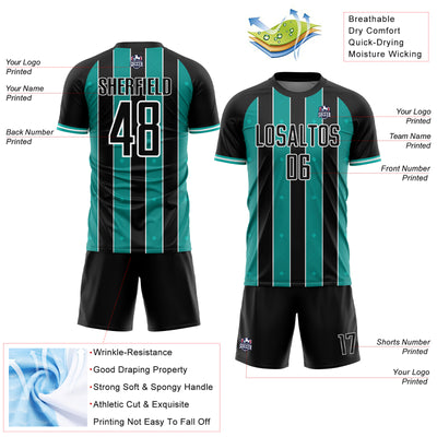 Custom Black Aqua-White Pinstripe Line Sports Sublimation Soccer Uniform Jersey