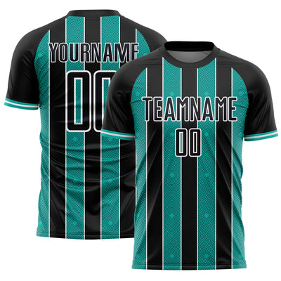 Custom Black Aqua-White Pinstripe Line Sports Sublimation Soccer Uniform Jersey