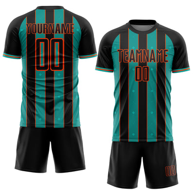 Custom Black Aqua-Orange Pinstripe Line Sports Sublimation Soccer Uniform Jersey