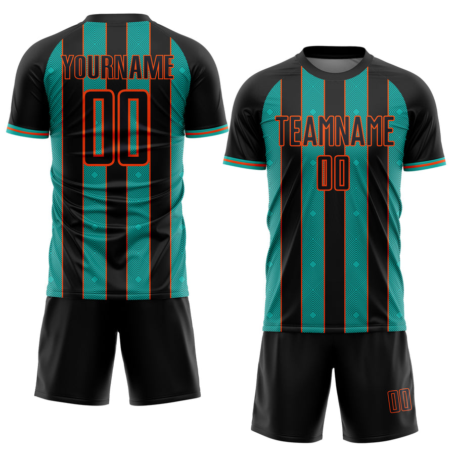 Custom Black Aqua-Orange Pinstripe Line Sports Sublimation Soccer Uniform Jersey