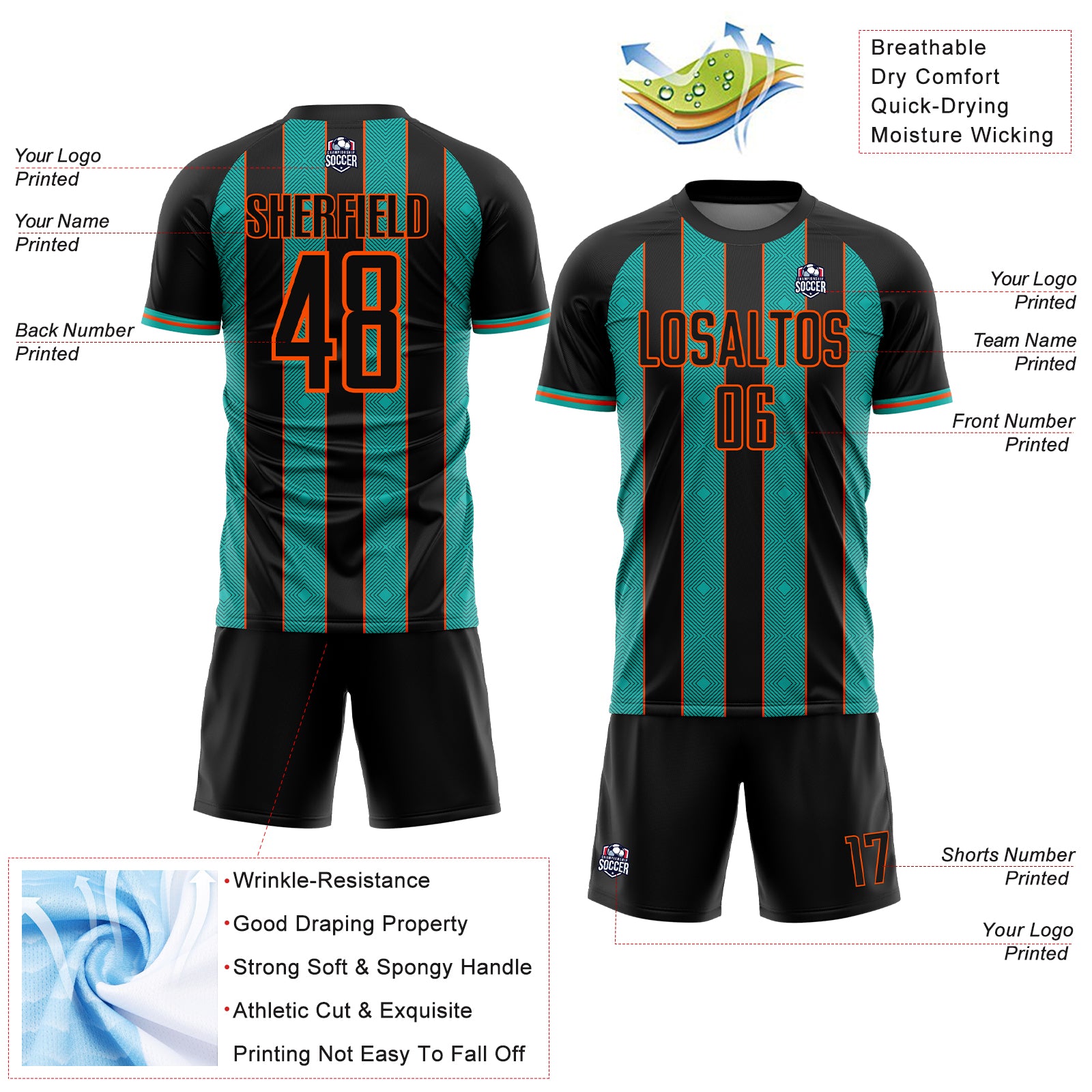 Custom Black Aqua-Orange Pinstripe Line Sports Sublimation Soccer Uniform Jersey