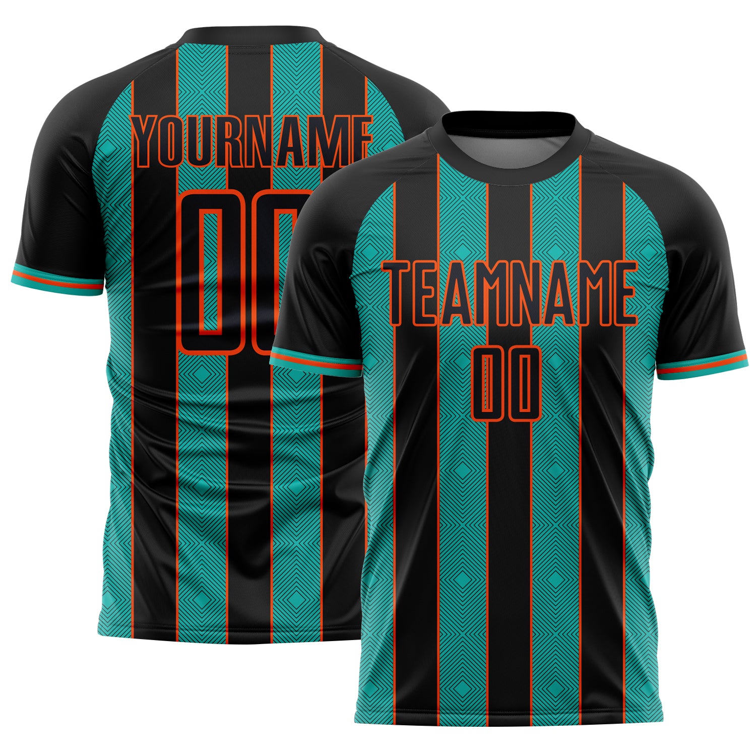 Custom Black Aqua-Orange Pinstripe Line Sports Sublimation Soccer Uniform Jersey