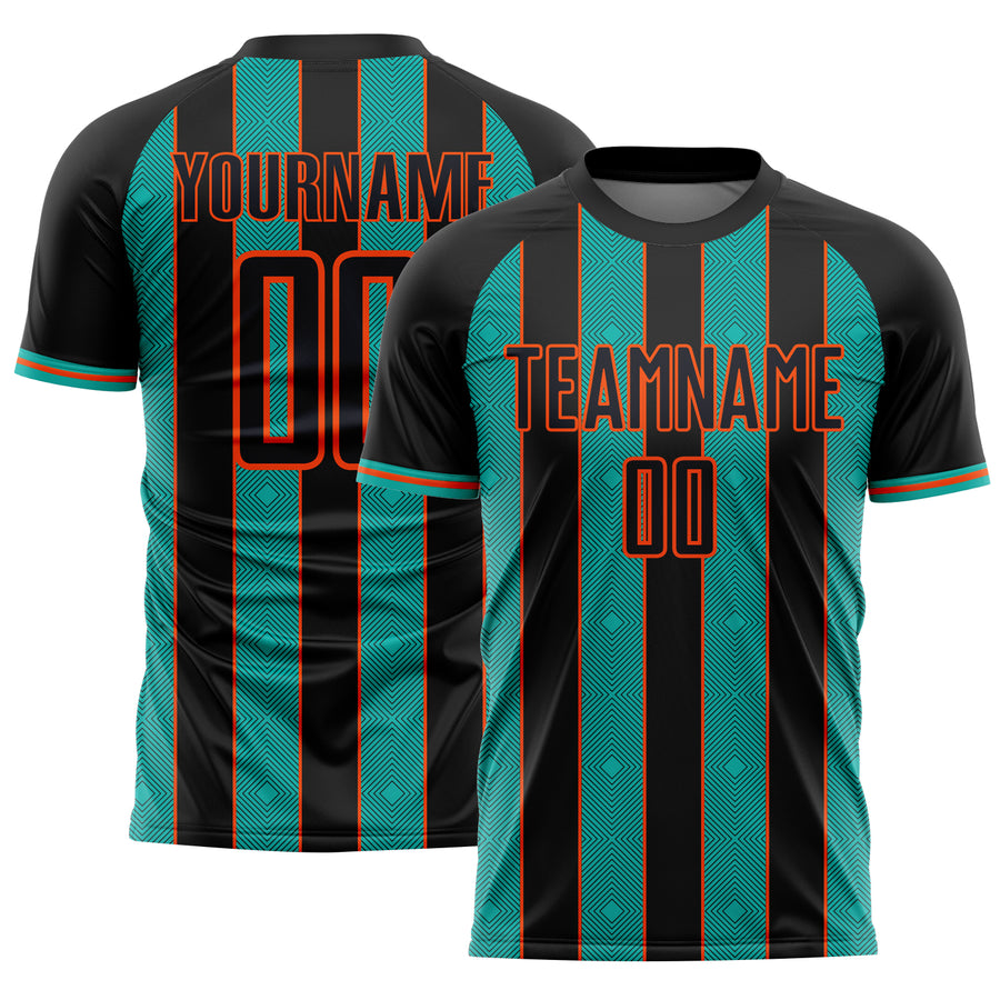 Custom Black Aqua-Orange Pinstripe Line Sports Sublimation Soccer Uniform Jersey