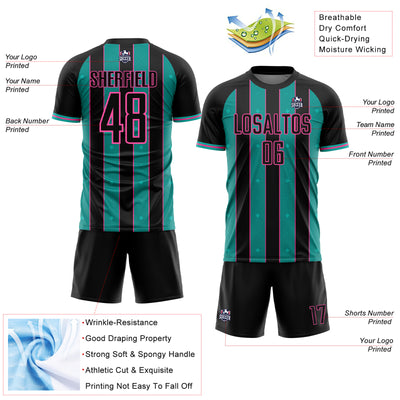 Custom Black Aqua-Pink Pinstripe Line Sports Sublimation Soccer Uniform Jersey