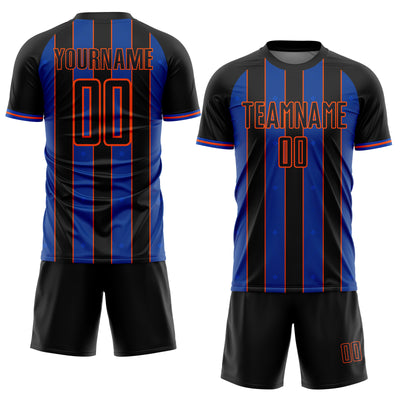 Custom Black Thunder Blue-Orange Pinstripe Line Sports Sublimation Soccer Uniform Jersey