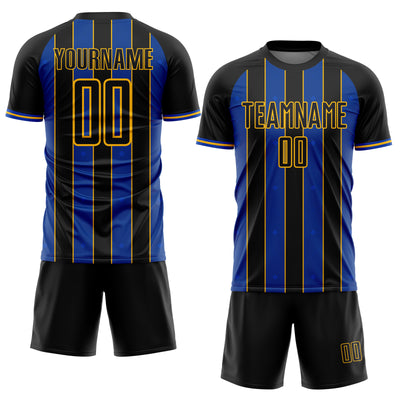 Custom Black Thunder Blue-Gold Pinstripe Line Sports Sublimation Soccer Uniform Jersey