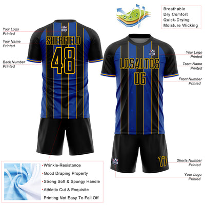 Custom Black Thunder Blue-Gold Pinstripe Line Sports Sublimation Soccer Uniform Jersey