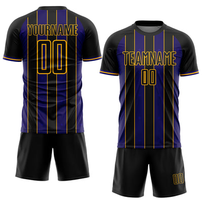 Custom Black Dark Purple-Gold Pinstripe Line Sports Sublimation Soccer Uniform Jersey