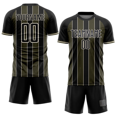 Custom Black Olive-Cream Pinstripe Line Sports Sublimation Soccer Uniform Jersey
