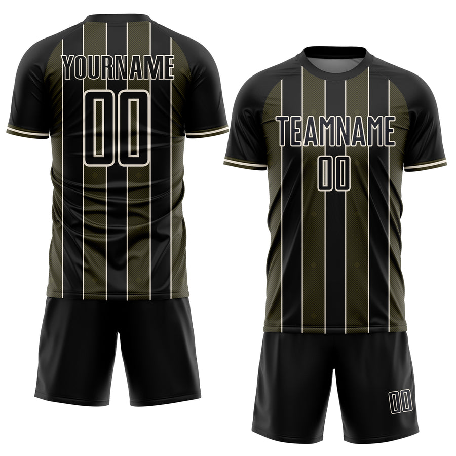 Custom Black Olive-Cream Pinstripe Line Sports Sublimation Soccer Uniform Jersey