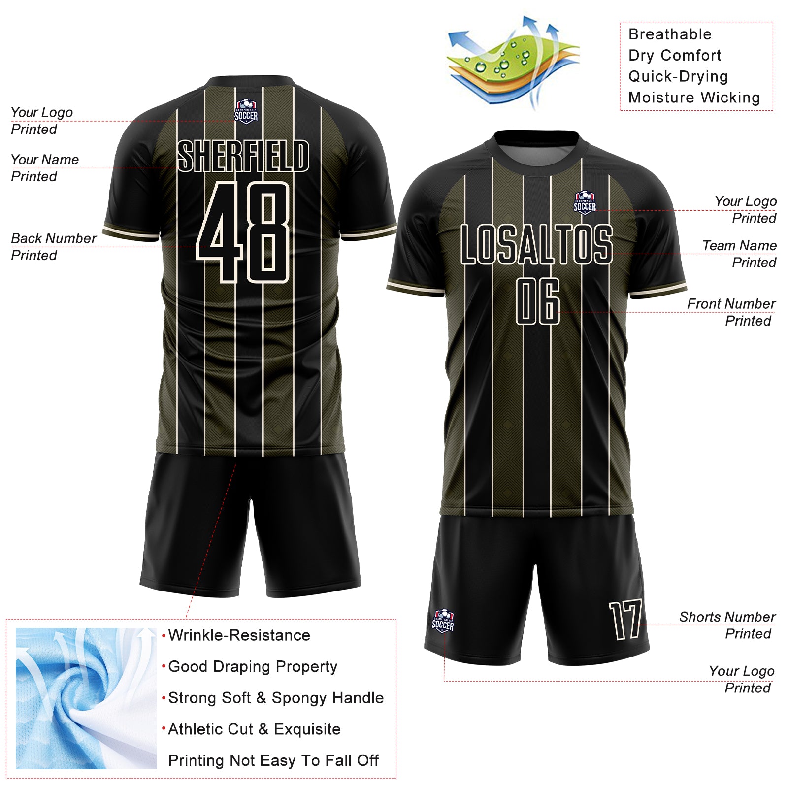 Custom Black Olive-Cream Pinstripe Line Sports Sublimation Soccer Uniform Jersey