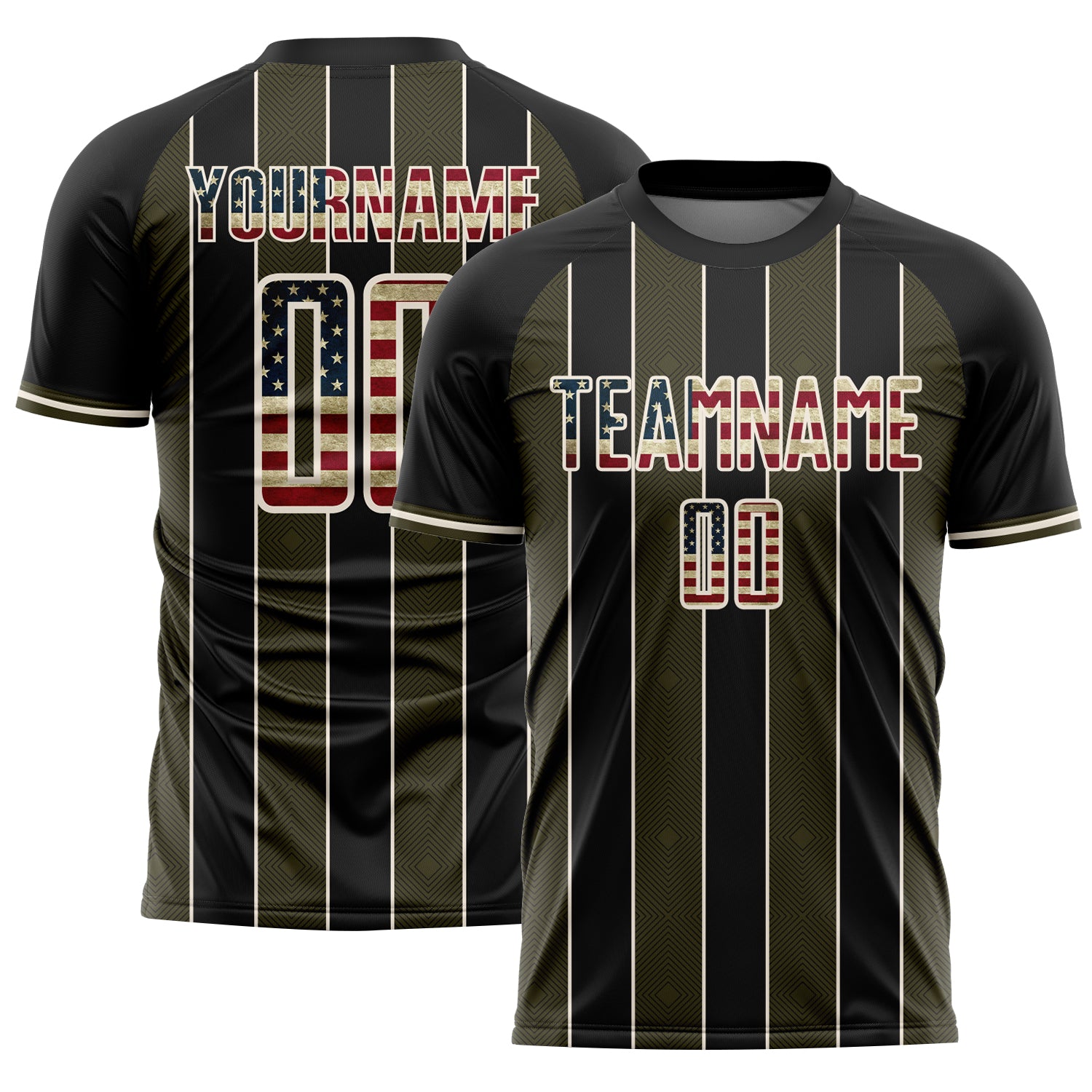Custom Black Vintage USA Flag Olive-Cream Pinstripe Line Sports Sublimation Soccer Uniform Jersey