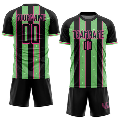 Custom Black Pea Green-Pink Pinstripe Line Sports Sublimation Soccer Uniform Jersey