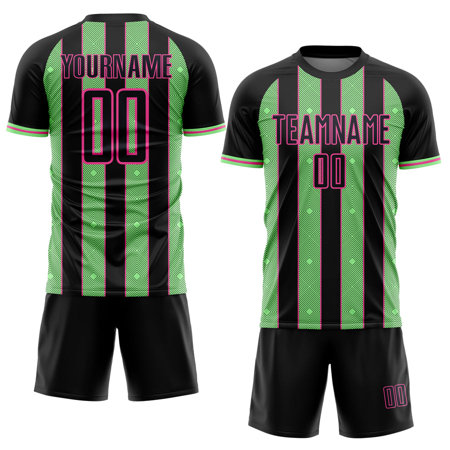 Custom Black Pea Green-Pink Pinstripe Line Sports Sublimation Soccer Uniform Jersey