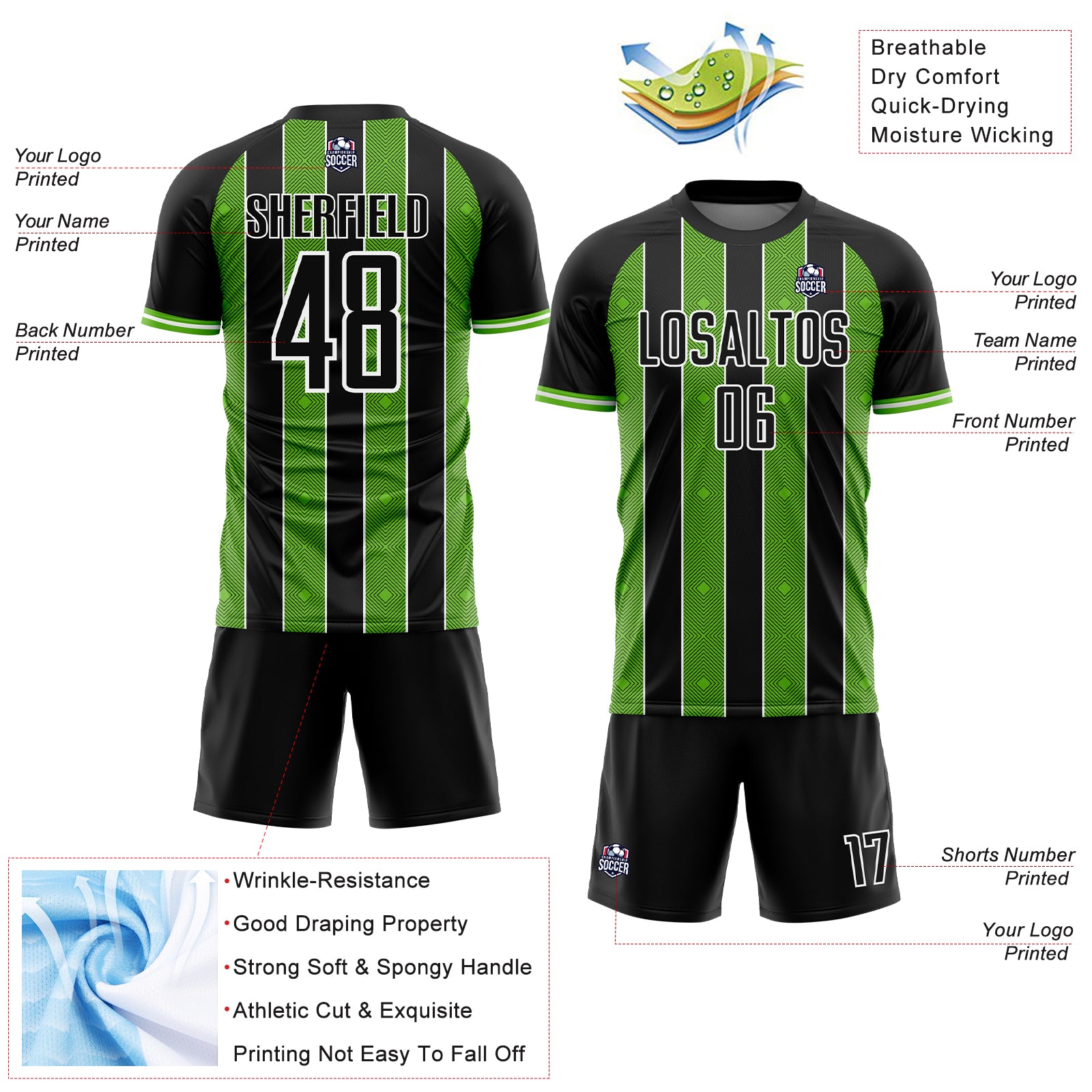 Custom Black Aurora Green-White Pinstripe Line Sports Sublimation Soccer Uniform Jersey