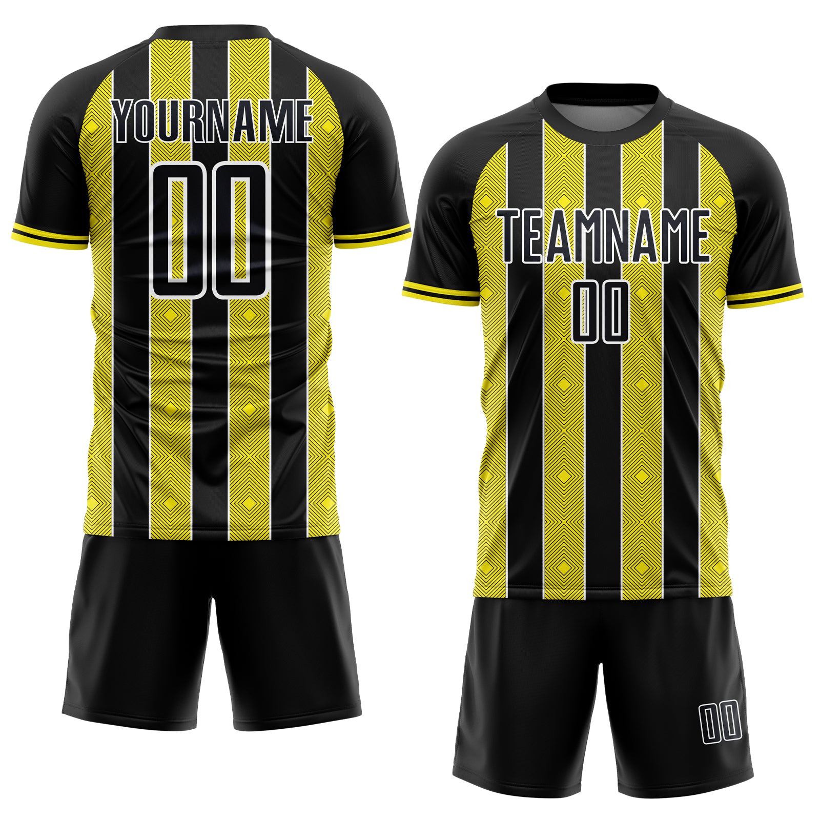 Custom Black Light Yellow-White Pinstripe Line Sports Sublimation Soccer Uniform Jersey