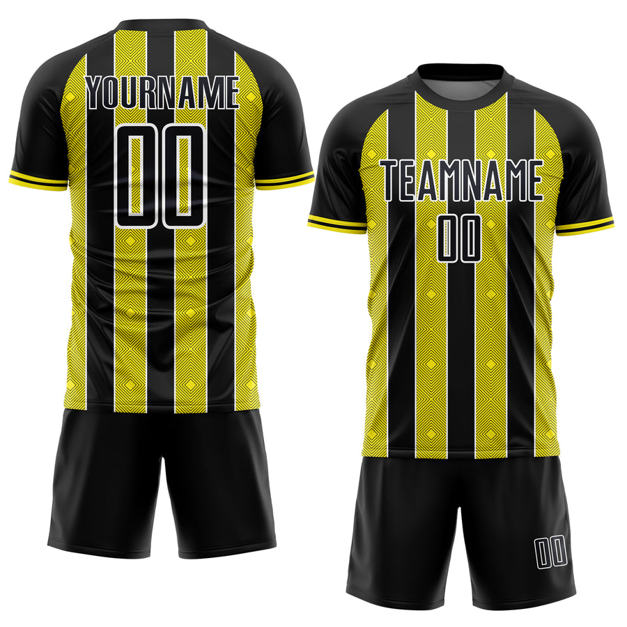 Custom Black Light Yellow-White Pinstripe Line Sports Sublimation Soccer Uniform Jersey