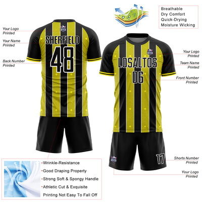 Custom Black Light Yellow-White Pinstripe Line Sports Sublimation Soccer Uniform Jersey