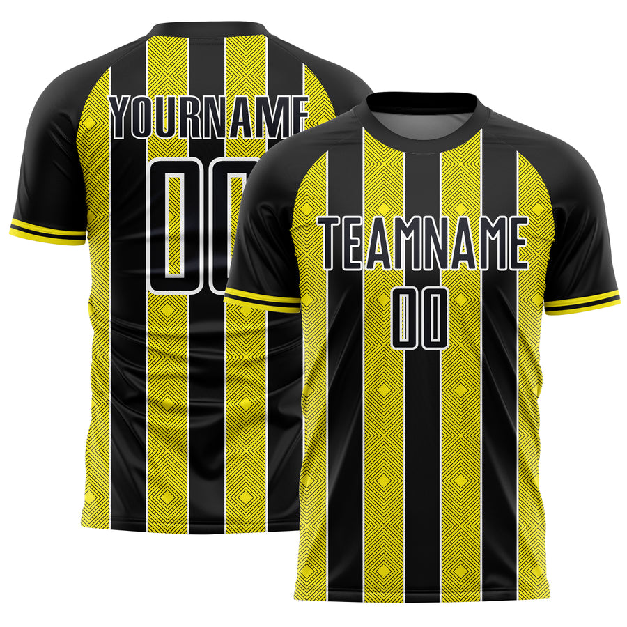 Custom Black Light Yellow-White Pinstripe Line Sports Sublimation Soccer Uniform Jersey