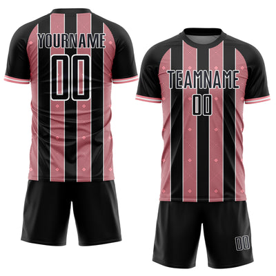 Custom Black Medium Pink-White Pinstripe Line Sports Sublimation Soccer Uniform Jersey