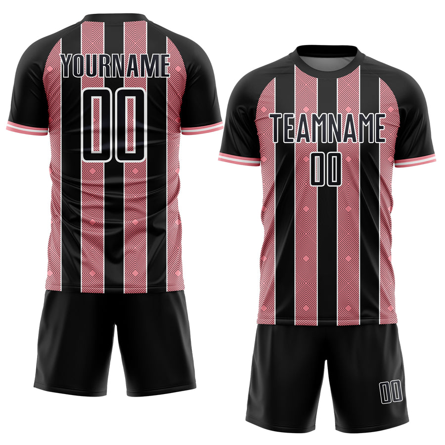 Custom Black Medium Pink-White Pinstripe Line Sports Sublimation Soccer Uniform Jersey