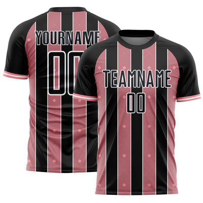 Custom Black Medium Pink-White Pinstripe Line Sports Sublimation Soccer Uniform Jersey